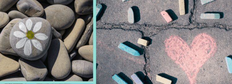 outside art, creative with kids sidewalk chalk and painting rocks