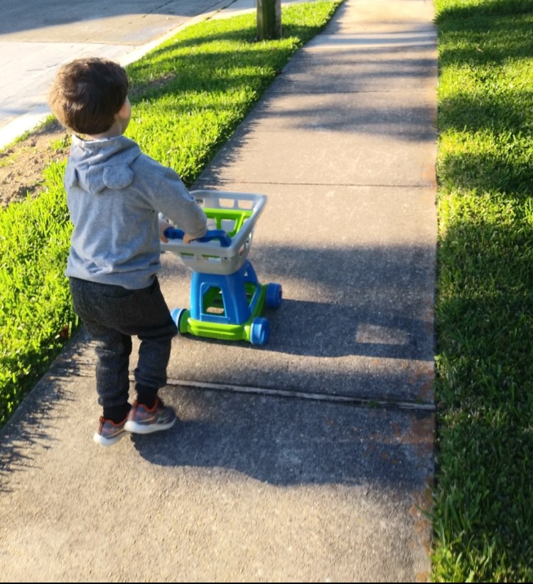 young child pushing toy shopping cart for a walk