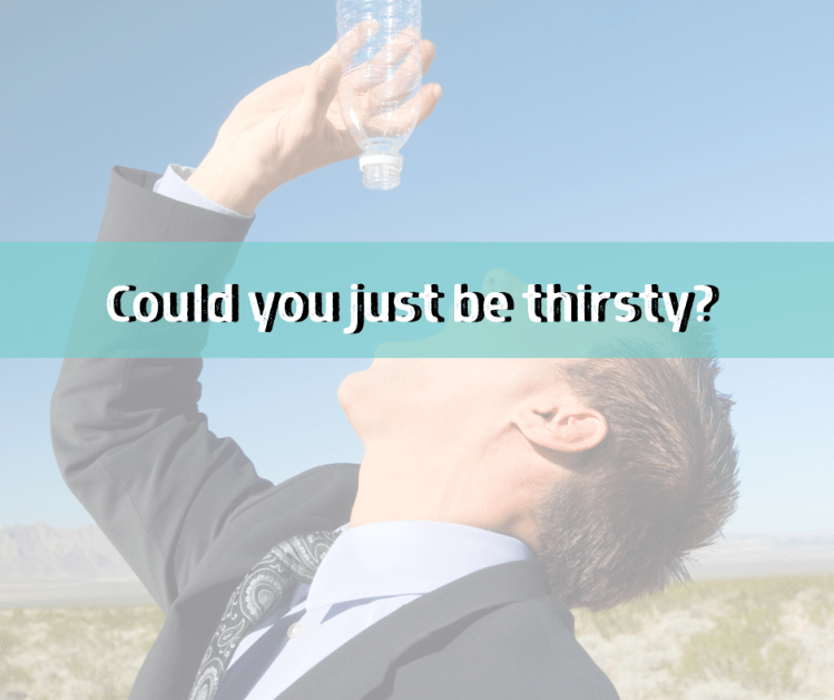 man trying to drink from empty water bottle, thirsty not hungry