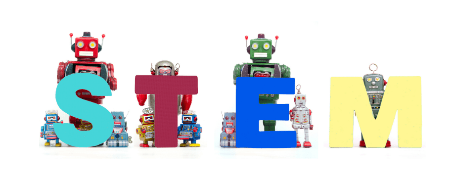 Robots standing behind the word "STEM"