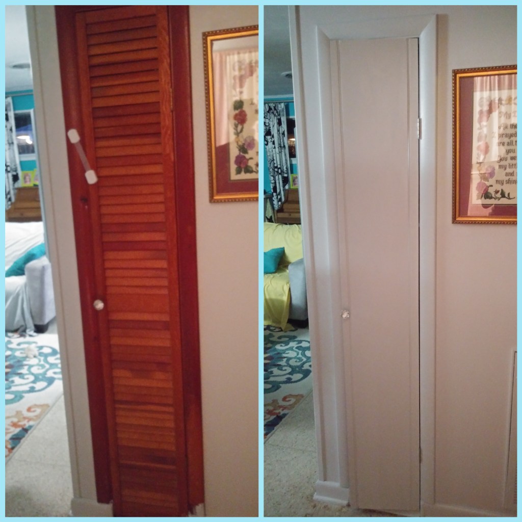 before and after of a covered louver door