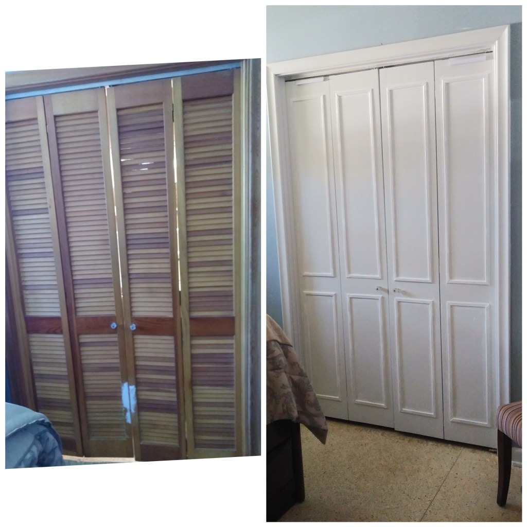 louver door update, before and after of covering louver doors